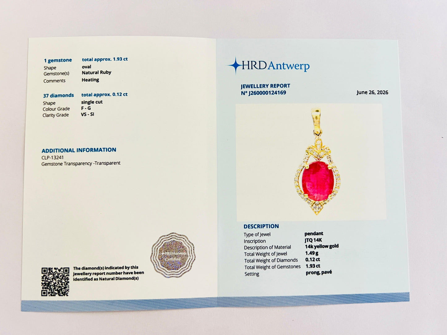 2.05 Ct Oval Natural Ruby 14K Gold Pendant