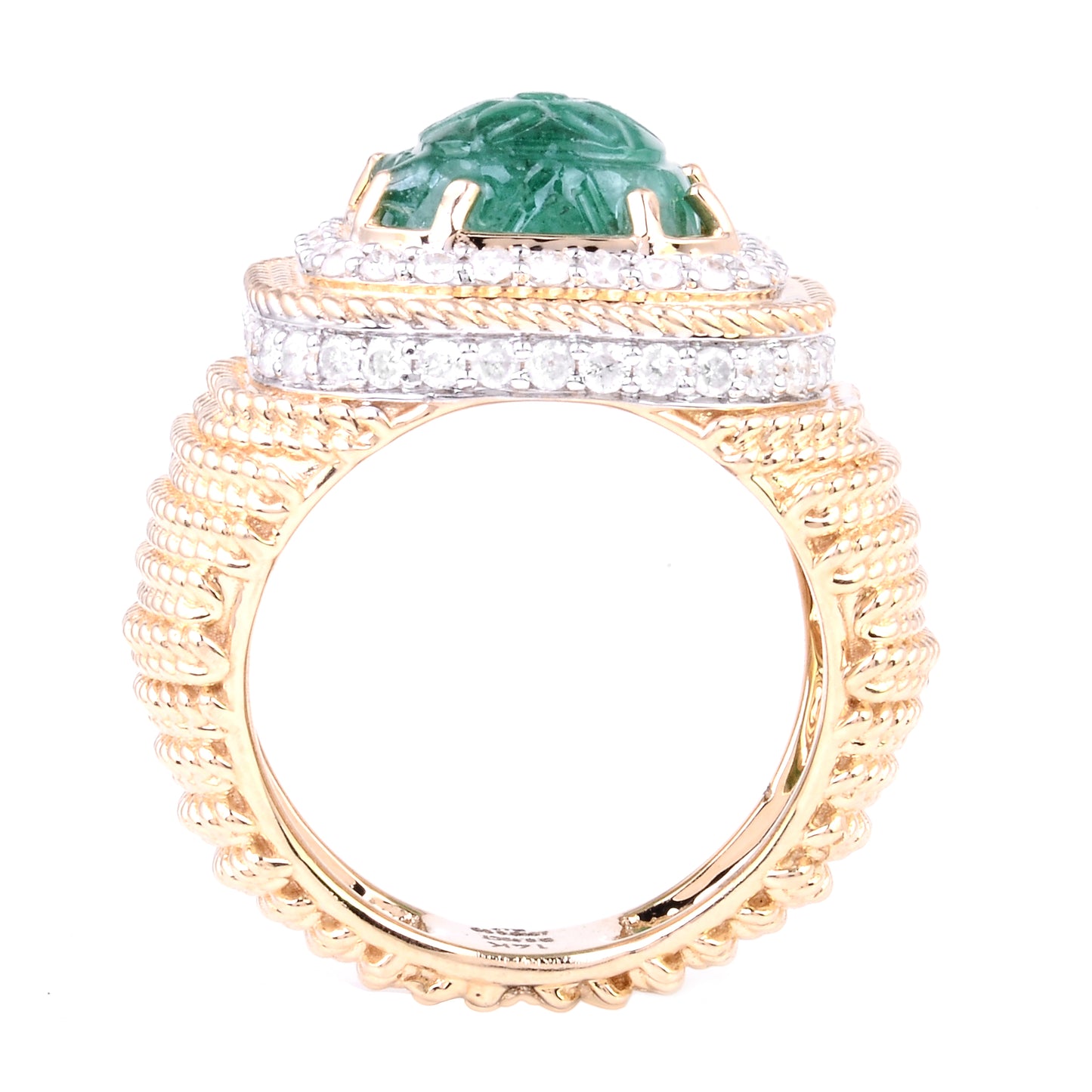 6.74 Ct Cushion Carving Natural Beryl Emerald 14K Gold Ring
