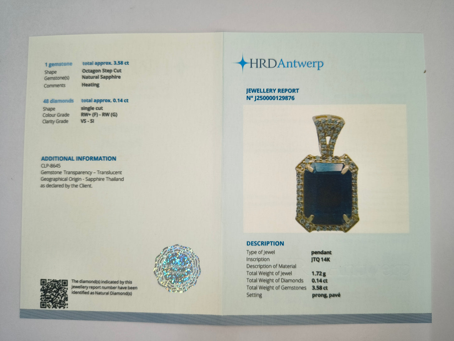 3.72 Ct Octagon Natural Sapphire 14K Gold Pendant