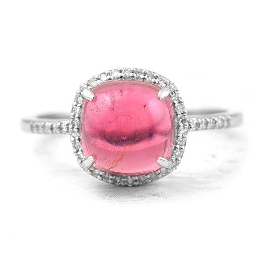 3.26 Ct Oval Cabochon Cut Natural Pink Tourmaline 950 Platinum Ring