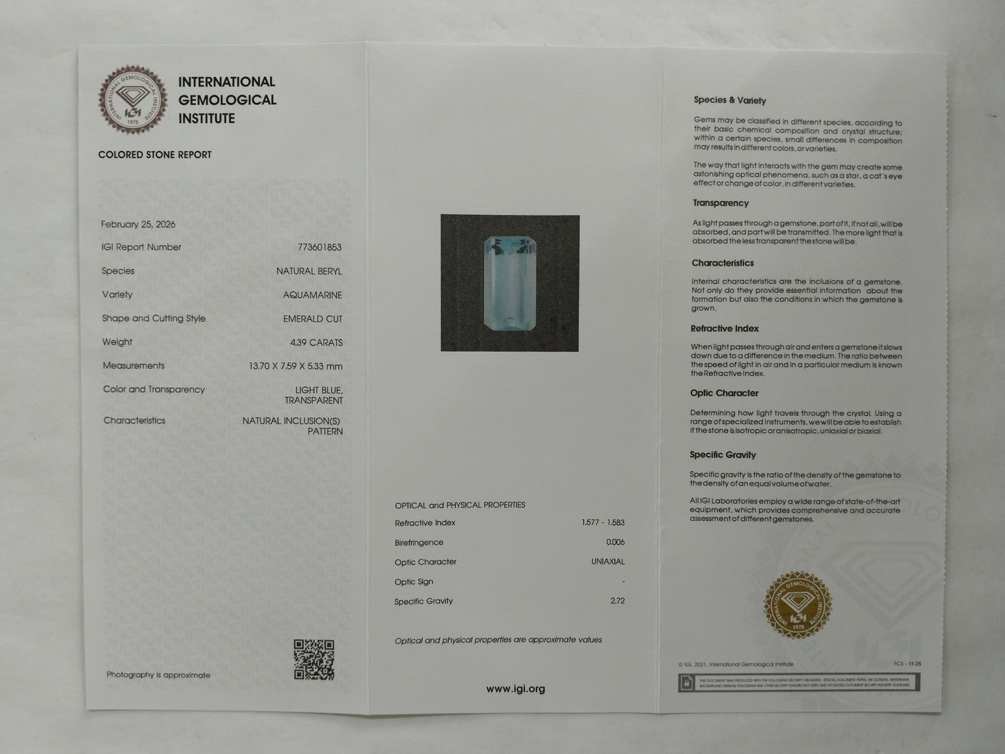 4.39 Natural Beryl Aquamarine Emerald Cut Gemstone