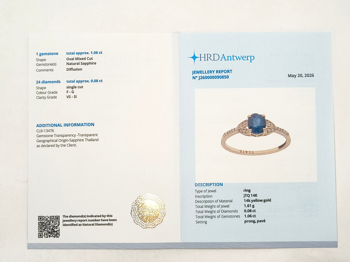 1.14 Ct Oval Sapphire 14K Gold Ring