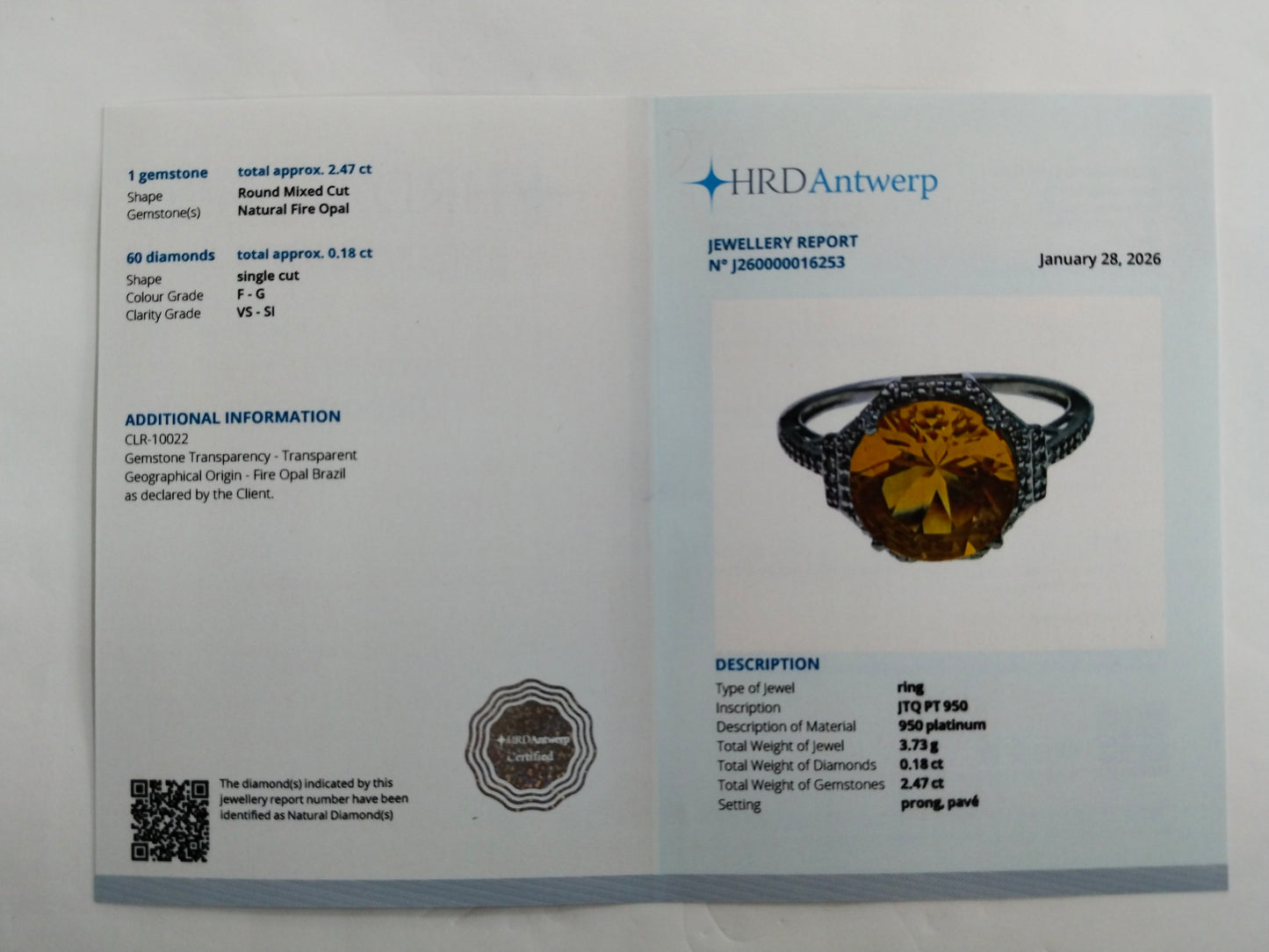 2.65 Ct Round Mixed Cut Natural Fire Opal 950 Platinum Ring