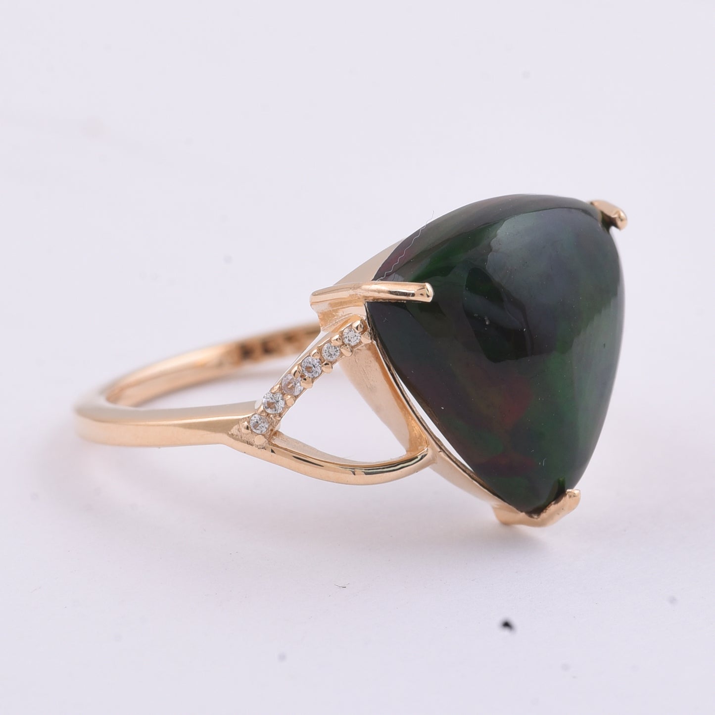 3.65 Ct Triangle Cabochon Natural Black Opal 14K Gold Ring
