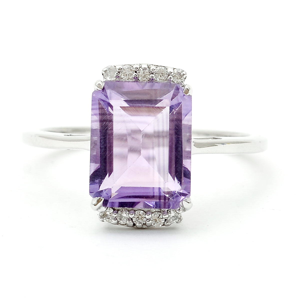 3.53 Ct Octagon Amethyst, White Zircon 925 Sterling Silver Ring