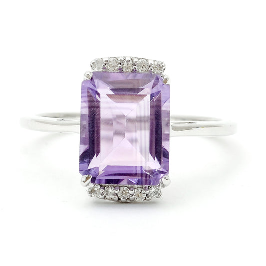 3.53 Ct Octagon Amethyst, White Zircon 925 Sterling Silver Ring