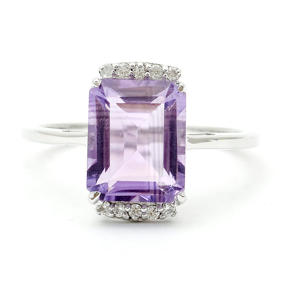 3.53 Ct Octagon Amethyst, White Zircon 925 Sterling Silver Ring
