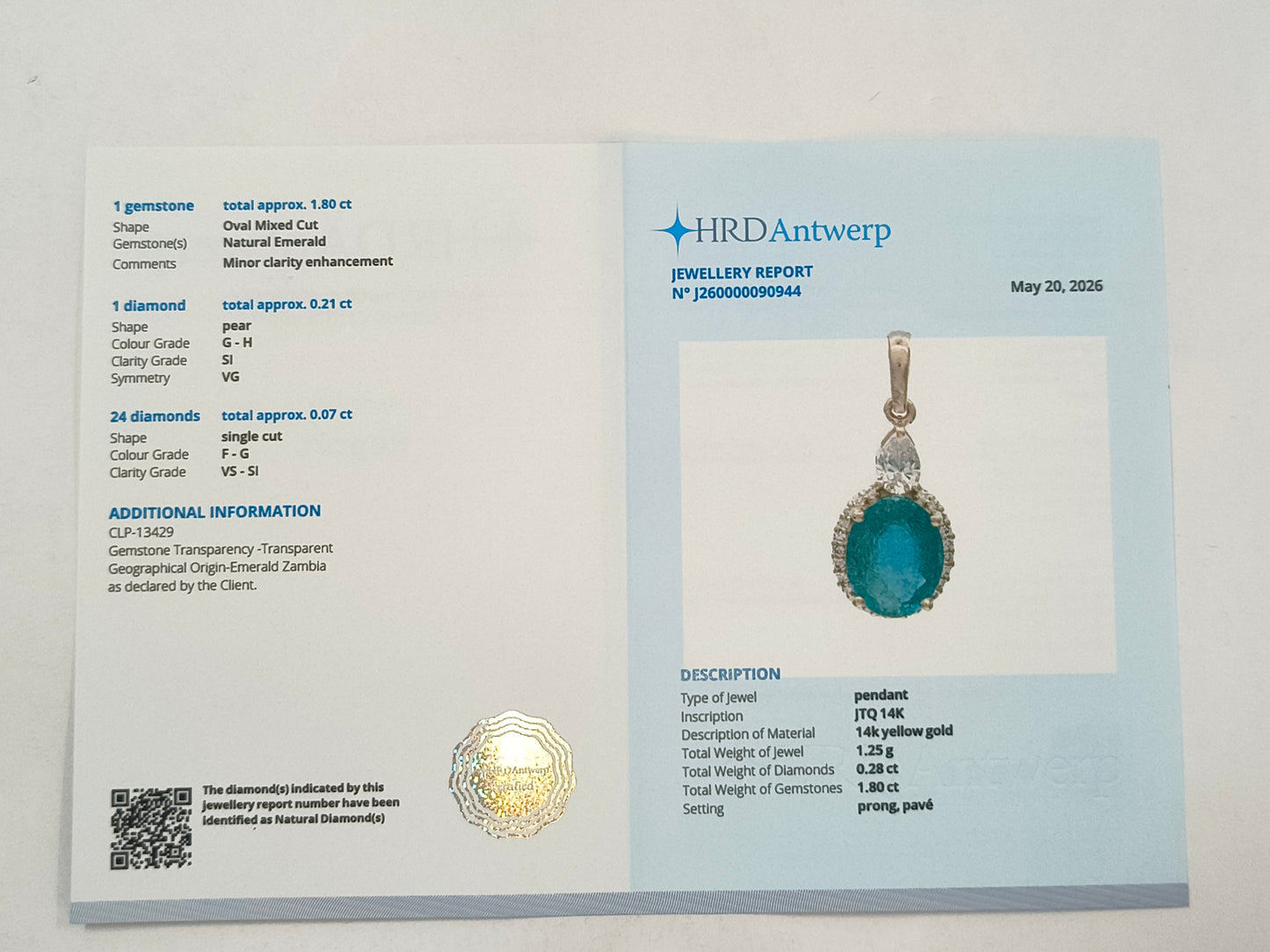 2.08 Ct Oval Emerald 14K Gold Pendant