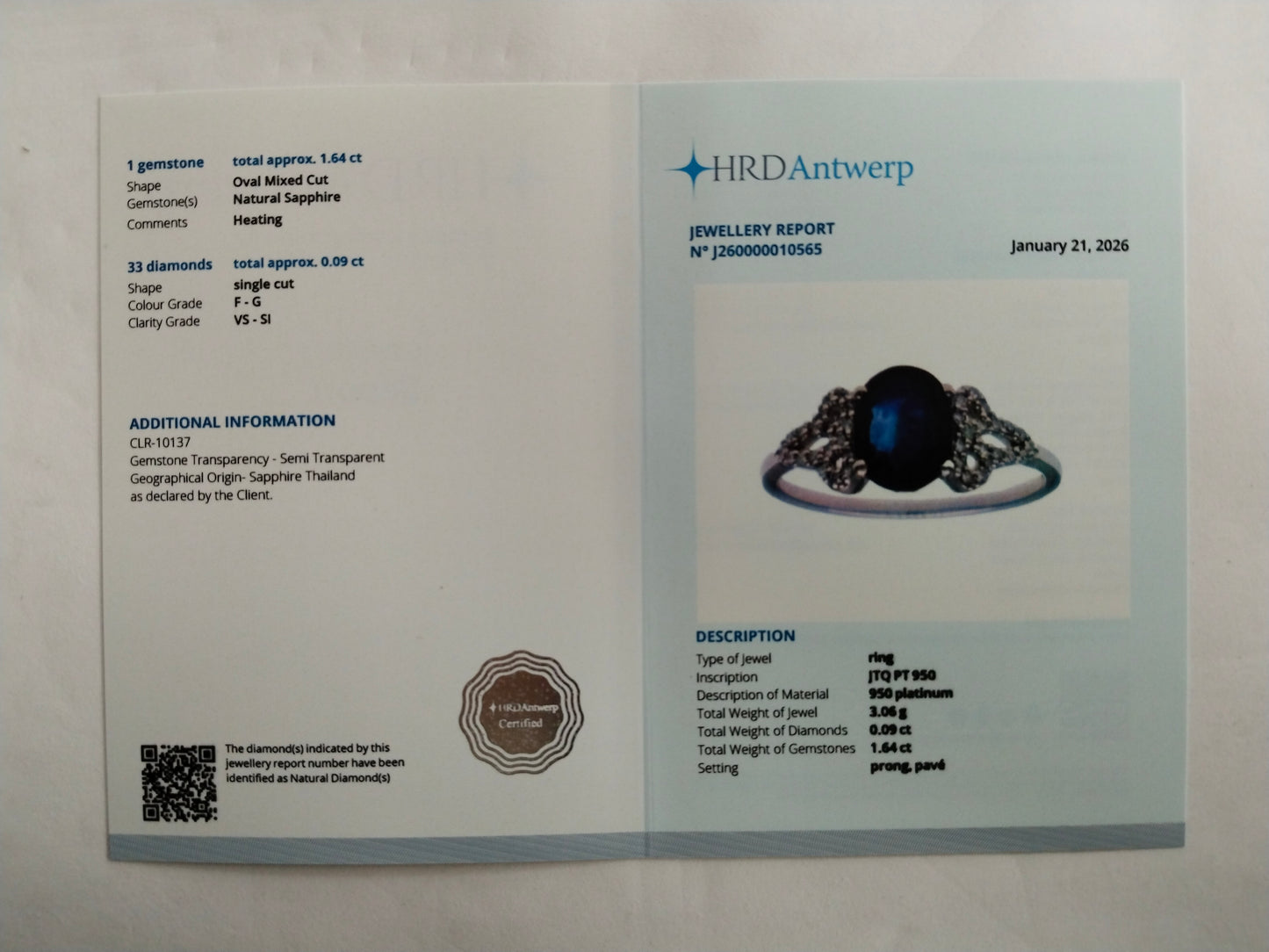 1.73 Ct Oval Mixed Cut Natural Sapphire 950 Platinum Ring