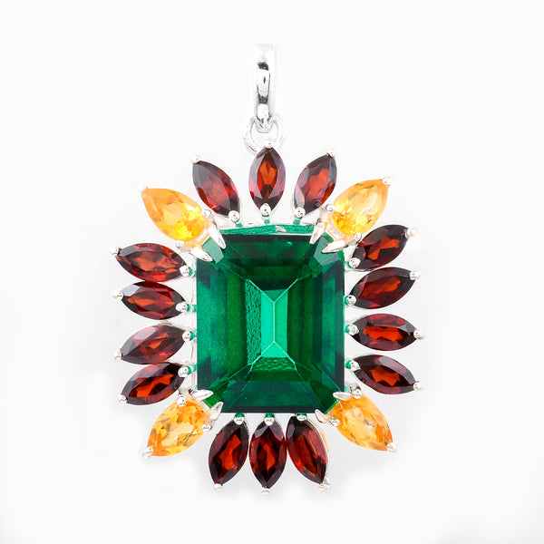 10.03 Ct Octagon Green Topaz, Garnet, Citrine 925 Sterling Silver Pendant