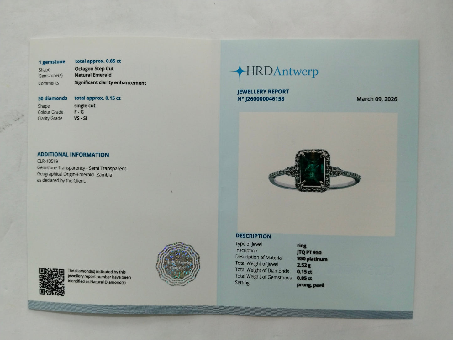 1.00 Ct Octagon Step Cut Natural Emerald 950 Platinum Ring