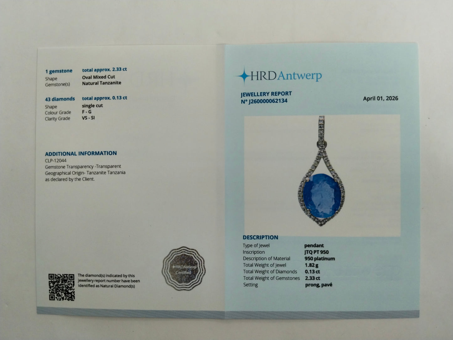 2.46 Ct Oval Mixed Cut Natural Tanzanite 950 Platinum Pendant