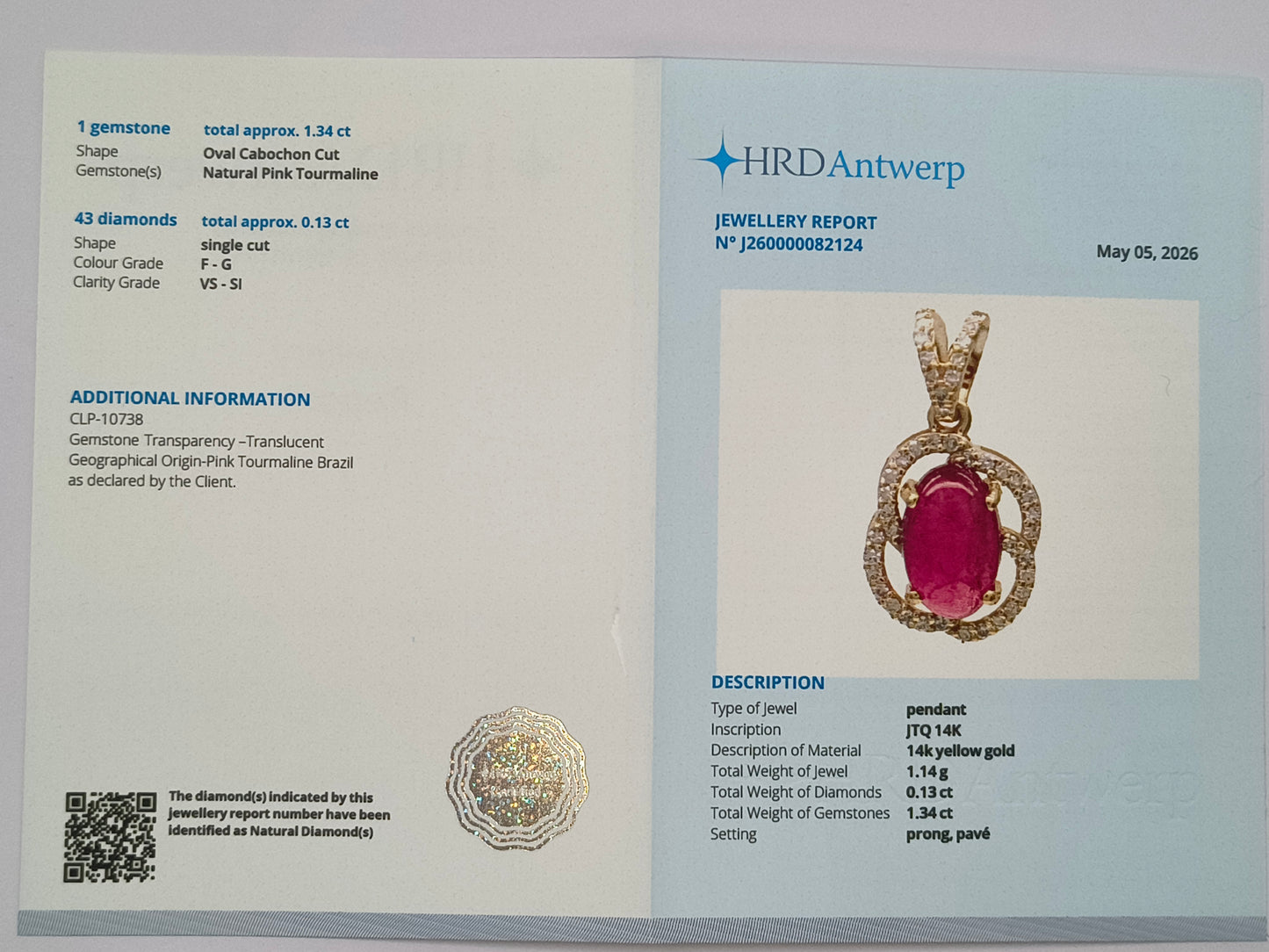 1.47 Ct Oval Cabochon Cut Natural Pink Tourmaline 14K Gold Pendant
