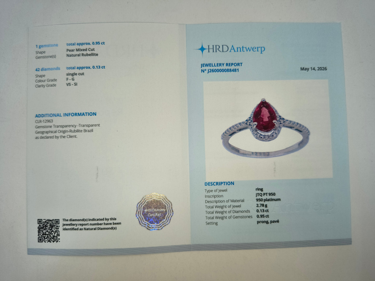 2.57 Ct Pear Mixed Cut Natural Rubellite 950 Platinum Ring
