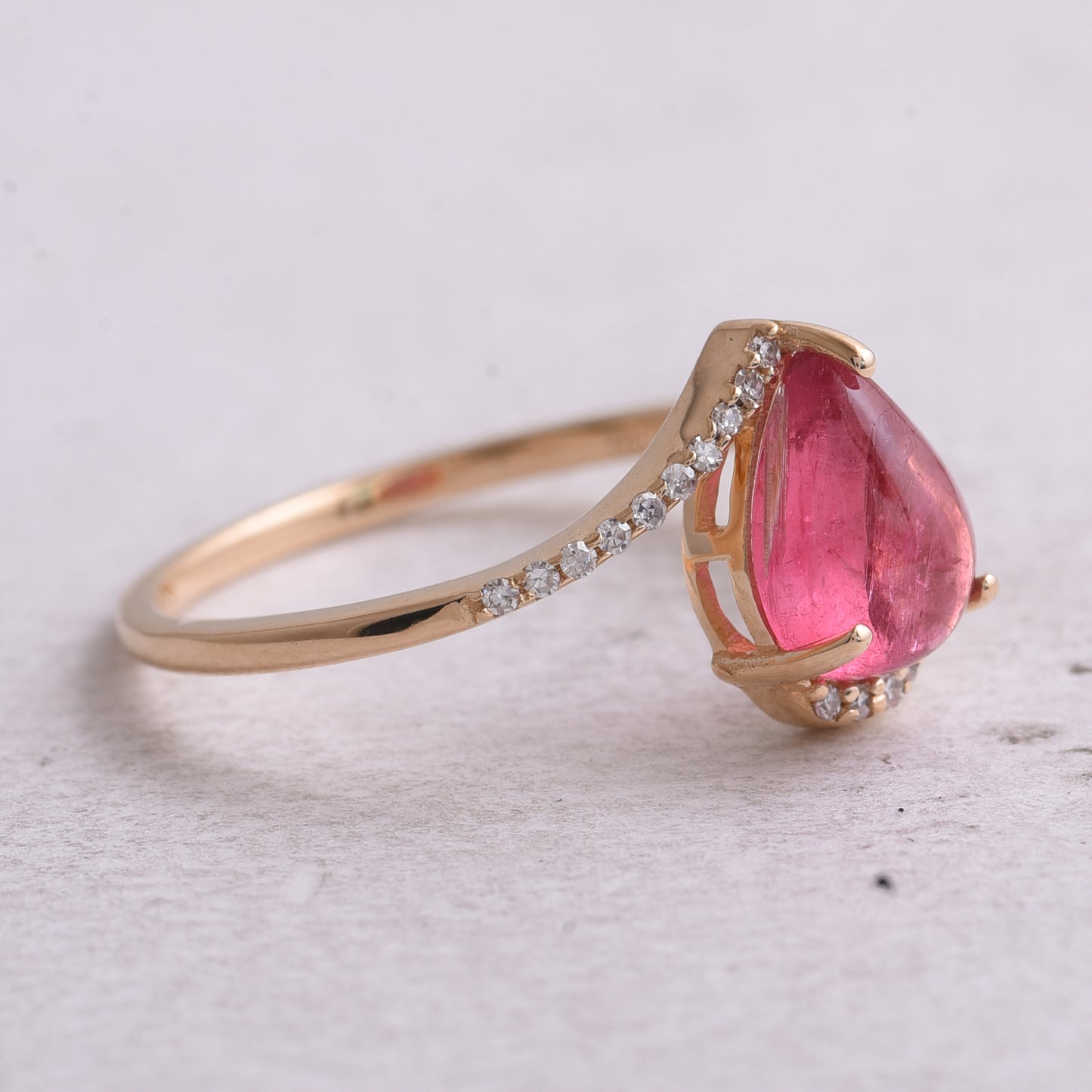 1.51 Ct Pear Cabochon Natural Pink Tourmaline 14K Gold Ring