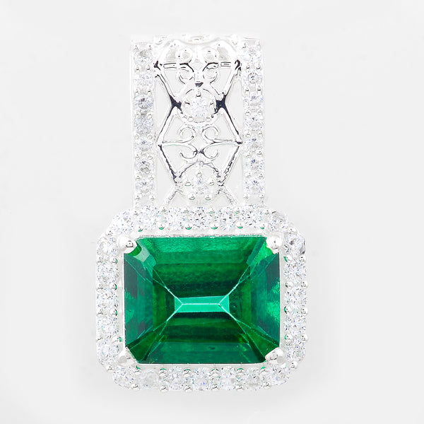7.99 Ct Octagon Green Topaz, Cubic Zirconia 925 Sterling Silver Pendant