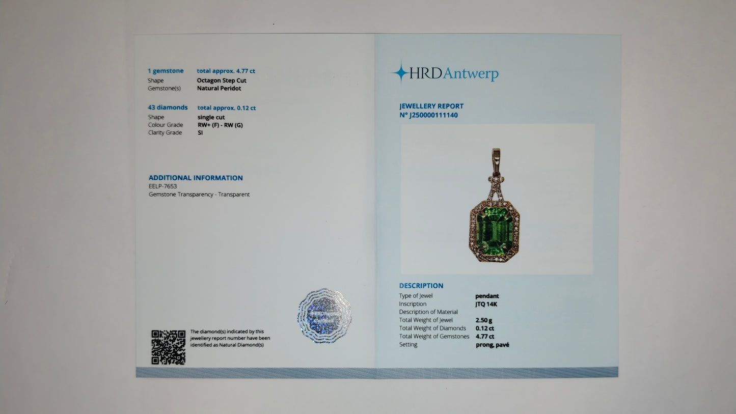 4.89 Ct Octagon Step Cut Natural Peridot 14K Gold Pendant
