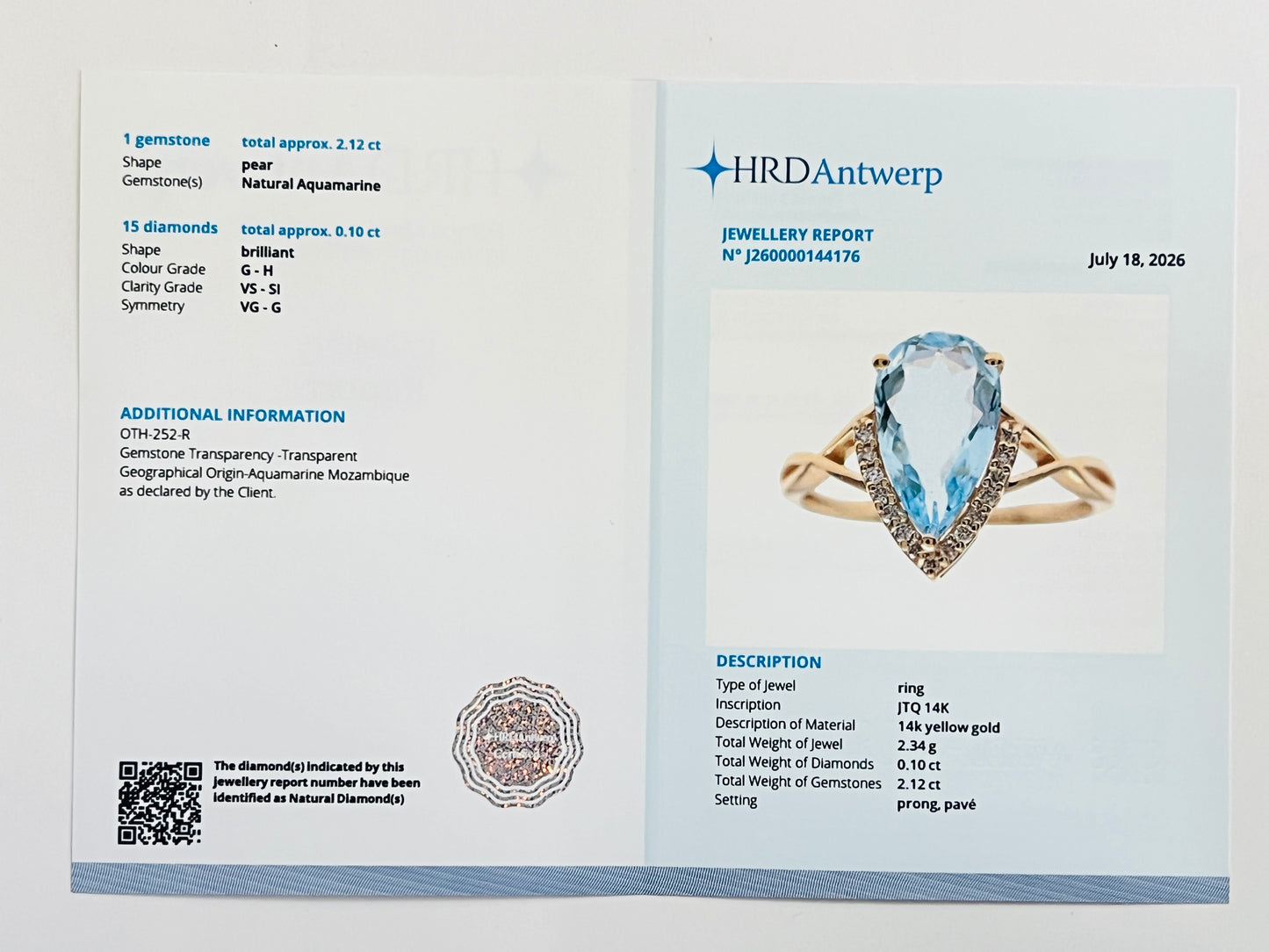 2.22 Ct Pear Natural Aquamarine 14K Gold Ring
