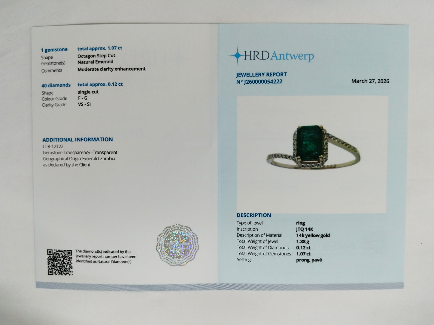 1.19 Ct Octagon Step Cut Natural Emerald 14K Gold Ring