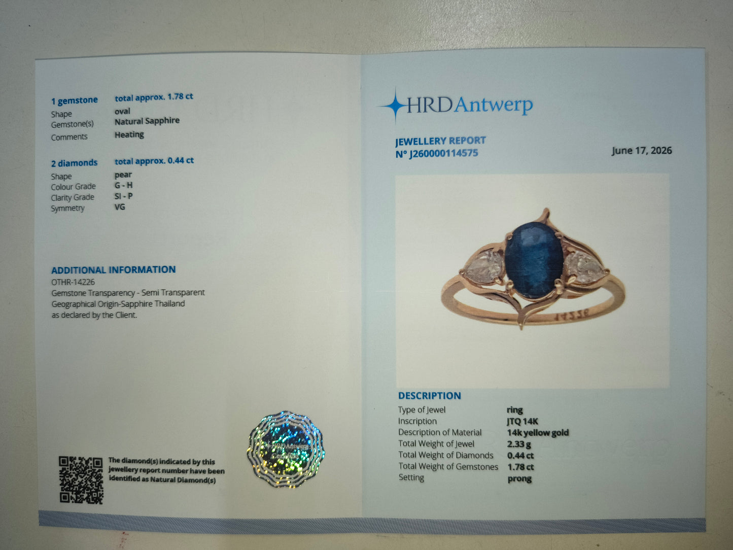 2.22 Ct Oval Natural Sapphire 14K Gold Ring