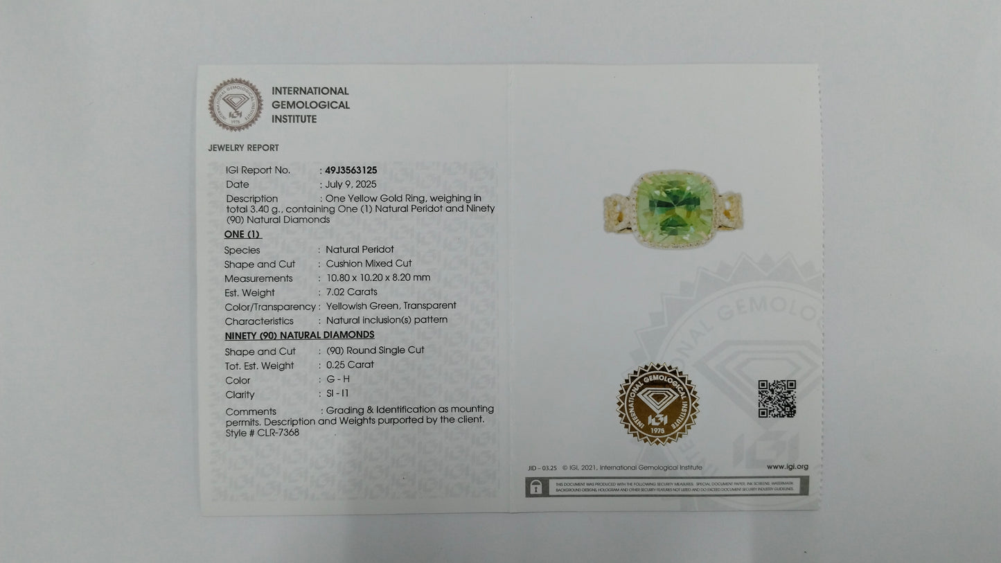 7.27 Ct Cushion Mixed Cut Natural Peridot 14K Gold Ring