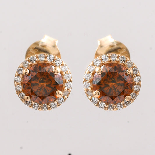 1.09 Ct Round Red Diamond 14K Gold Earrings