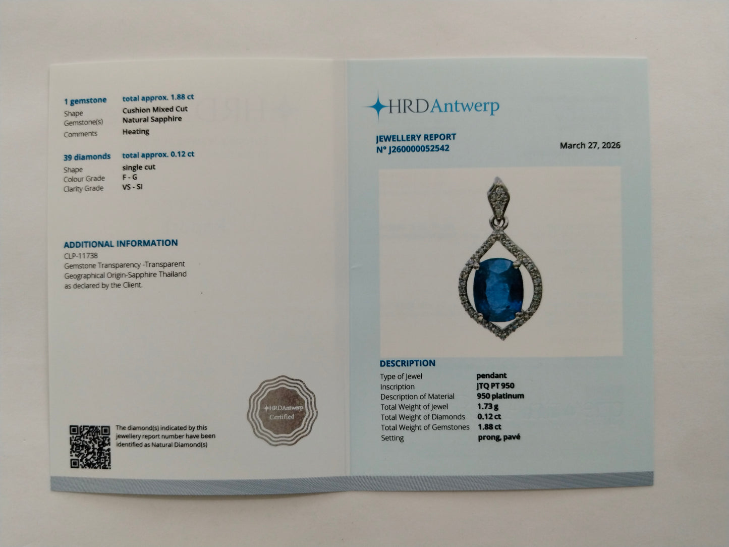2.00 Ct Cushion Mixed Cut Natural Sapphire 950 Platinum Pendant