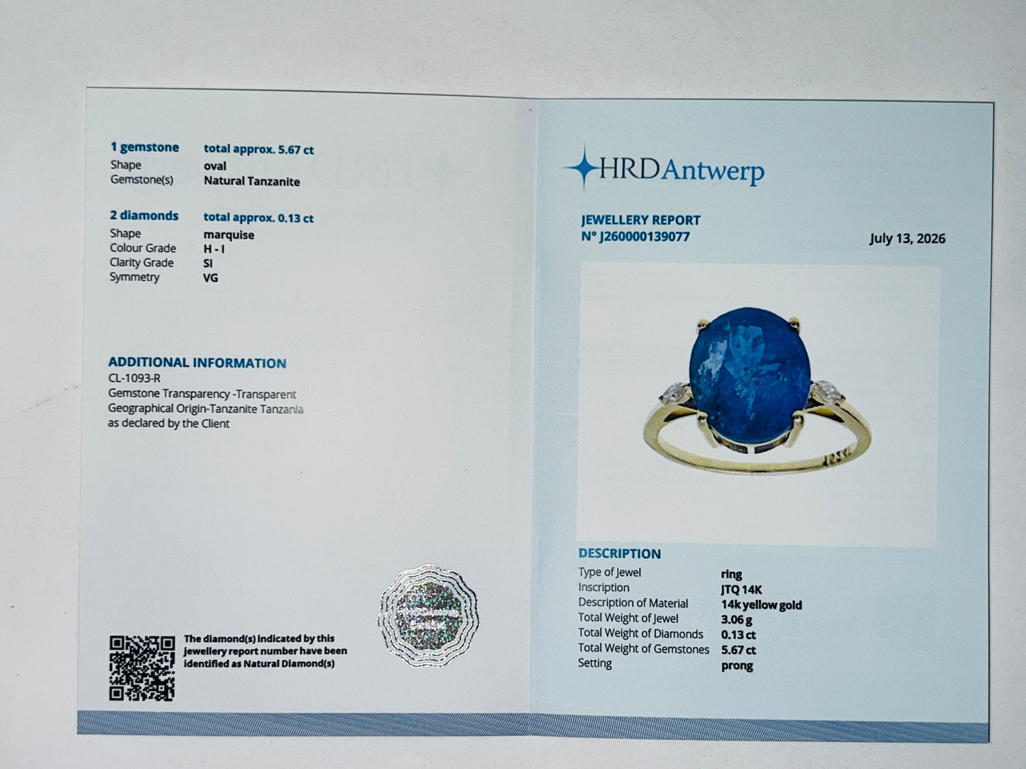 5.80 Ct Oval Natural Tanzanite 14K Gold Ring