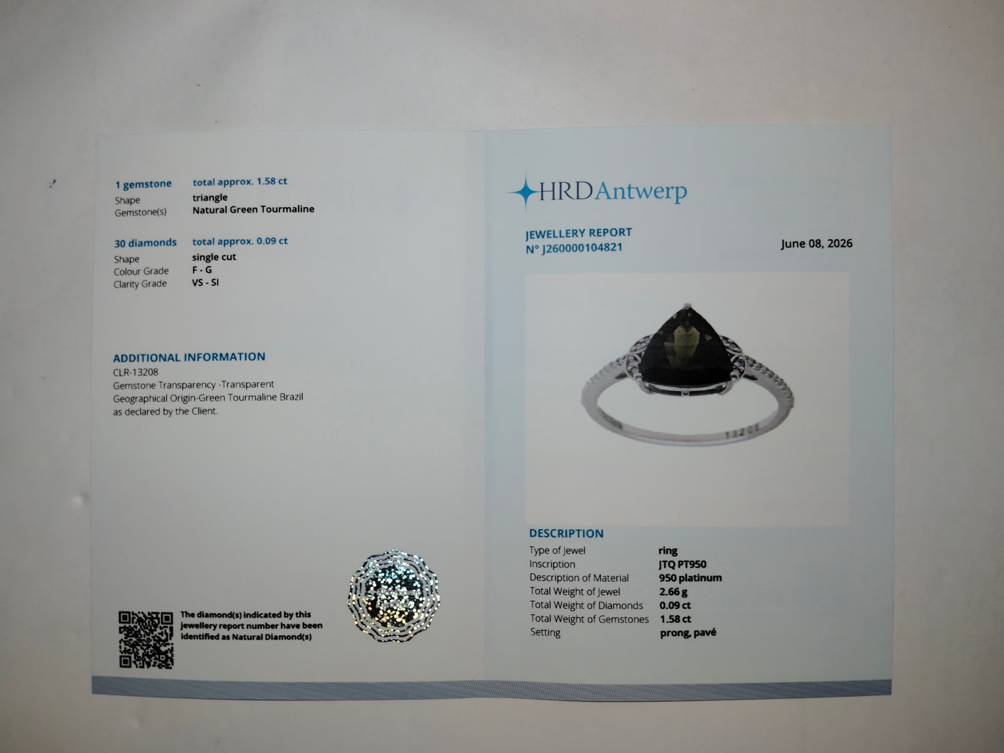 1.67 Ct Triangle Mixed Cut Natural Green Tourmaline 950 Platinum Ring