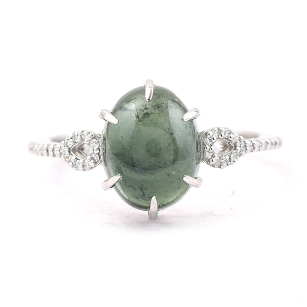 3.38 Ct Oval Cabochon Cut Natural Green Tourmaline 950 Platinum Ring