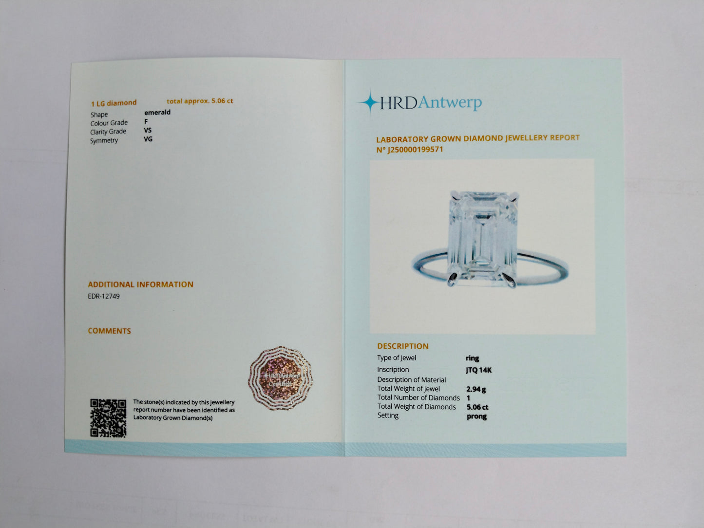 5.06 Carats Lab Grown Diamond 14K Gold Ring