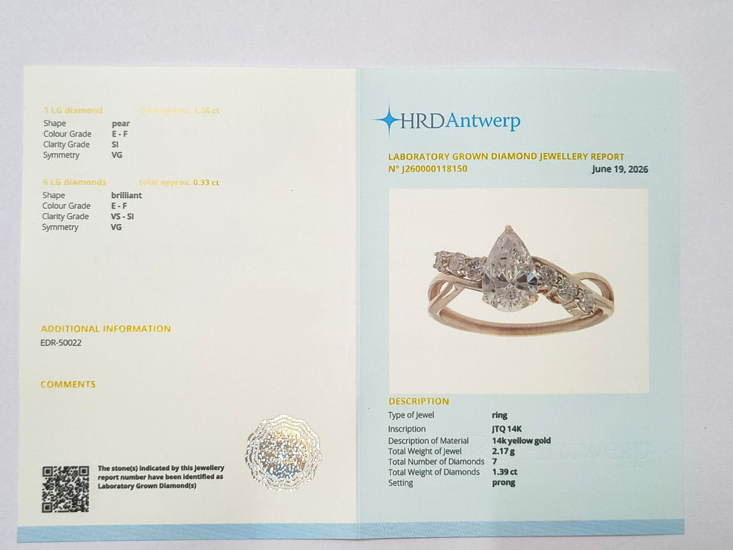 1.39 Ct Pear Lab Grown Diamond 14K Gold Ring