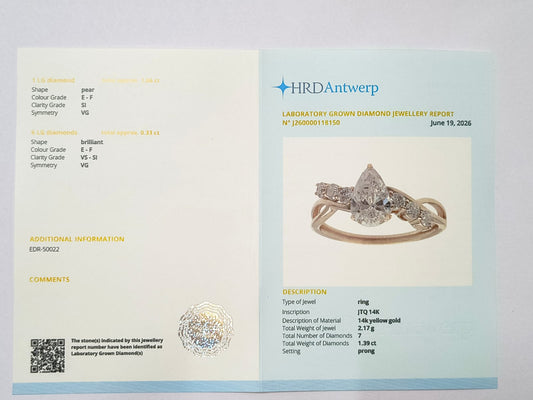 1.39 Ct Pear Lab Grown Diamond 14K Gold Ring