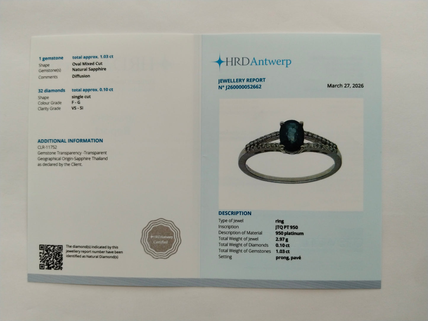 1.13 Ct Oval Mixed Cut Natural Sapphire 950 Platinum Ring