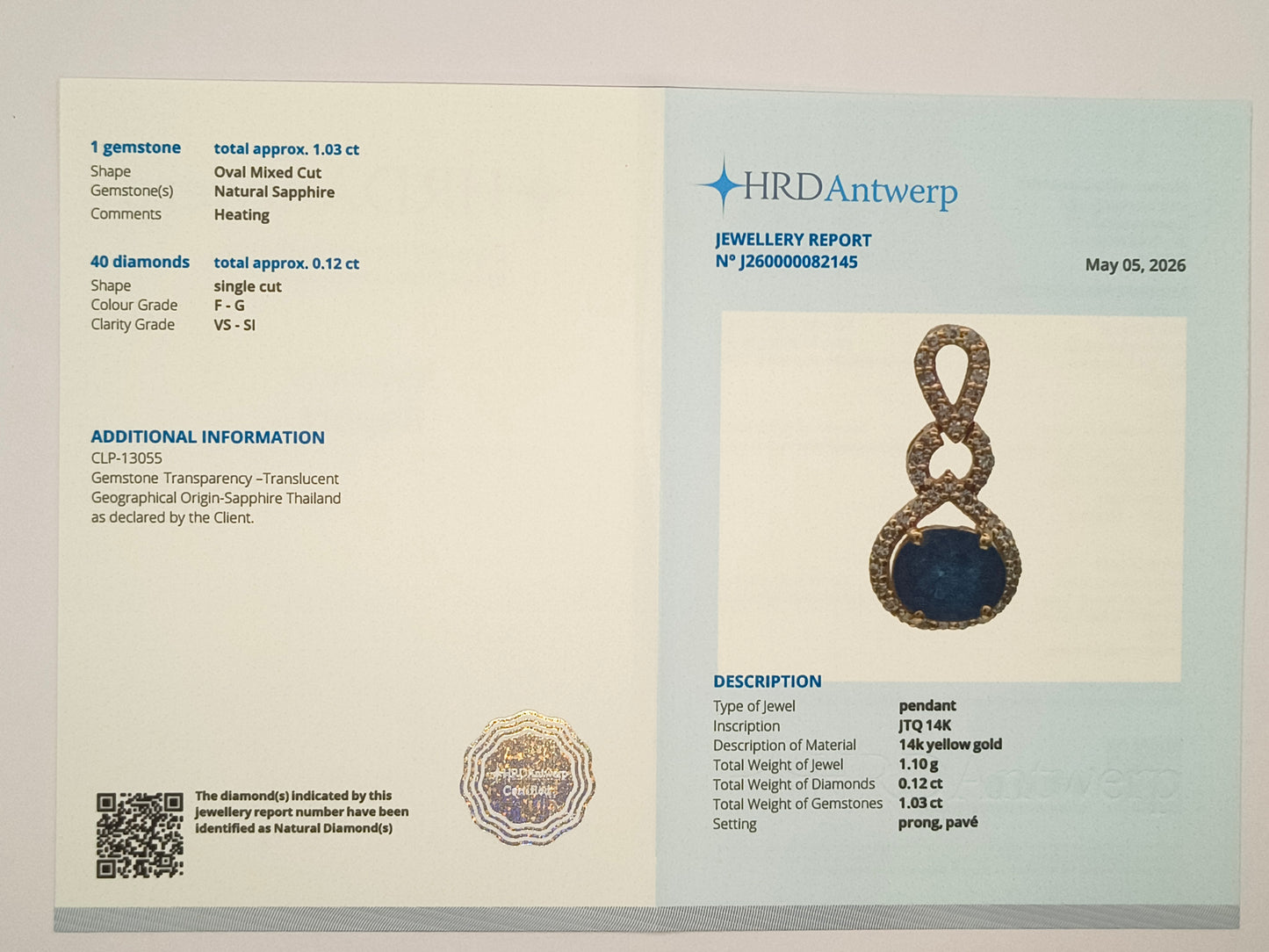 1.15 Ct Oval Mixed Cut Natural Sapphire 14K Gold Pendant