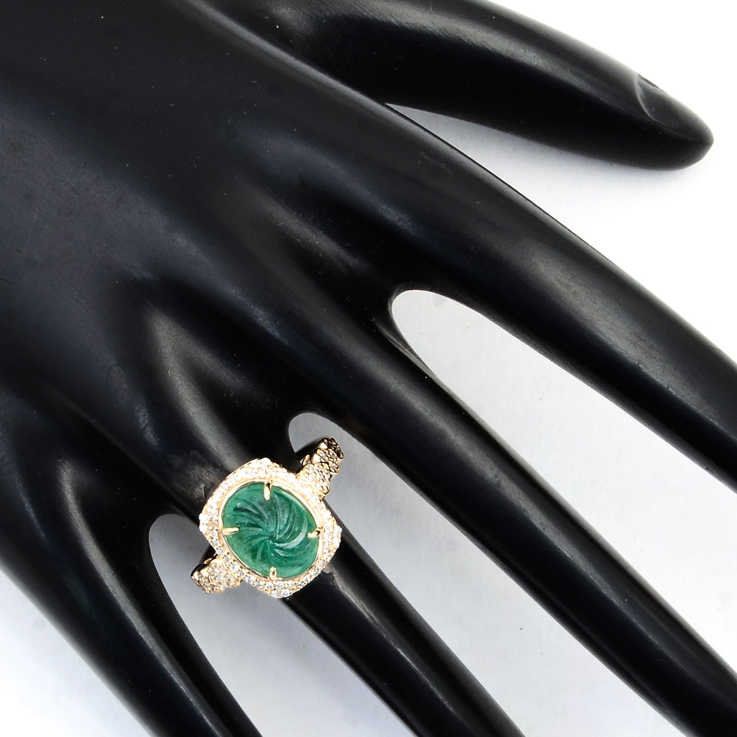 3.06 Ct Oval Carving Natural Beryl Emerald 14K Gold Ring