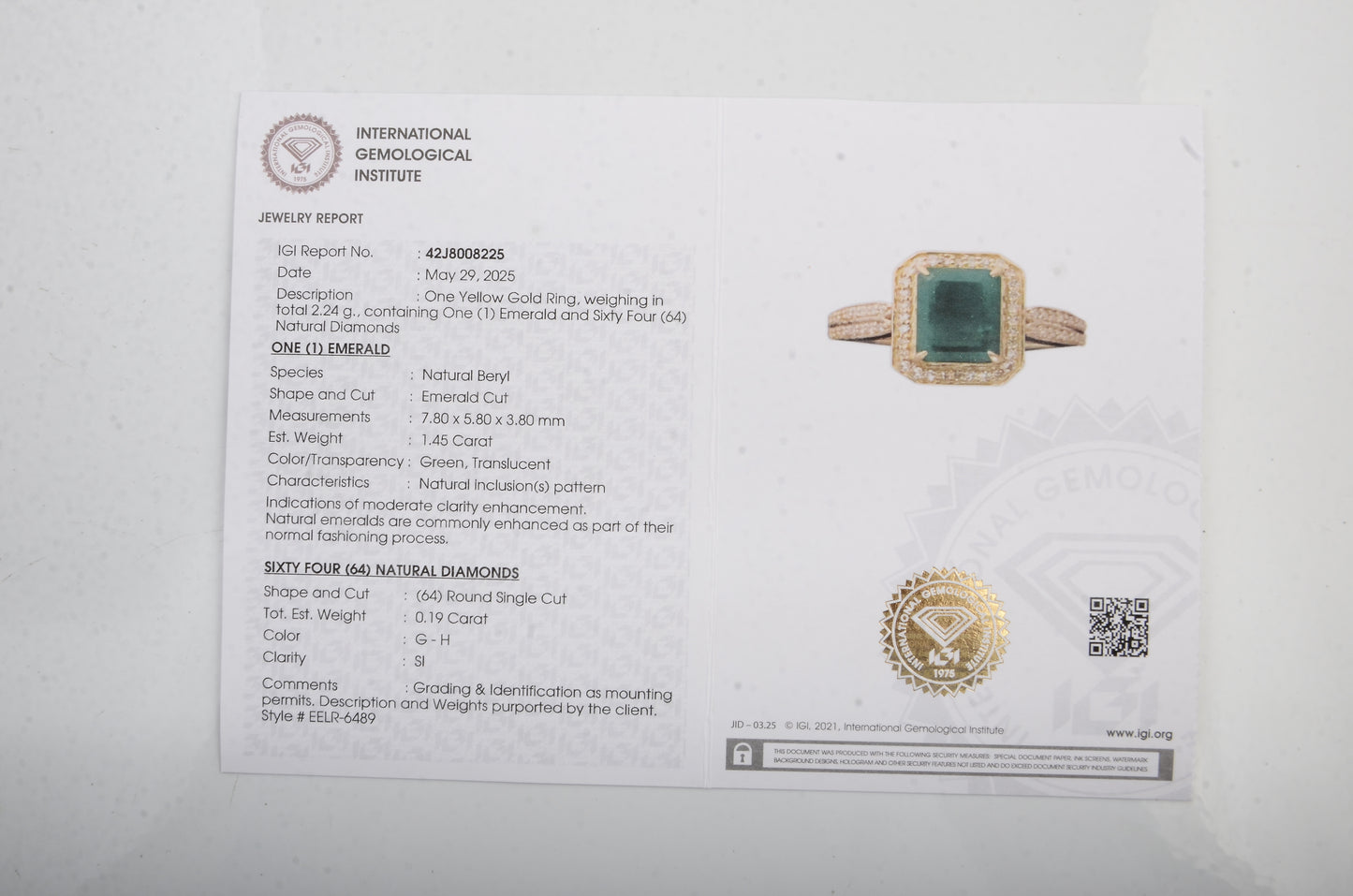 1.64 Ct Emerald Cut Natural Beryl Emerald 14K Gold Ring