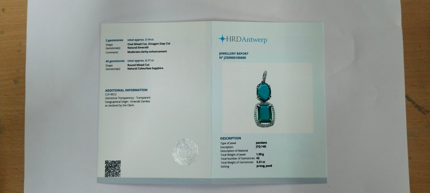3.31 Ct Oval Mixed Cut, Octagon Step Cut Natural Emerald 14K Gold Pendant