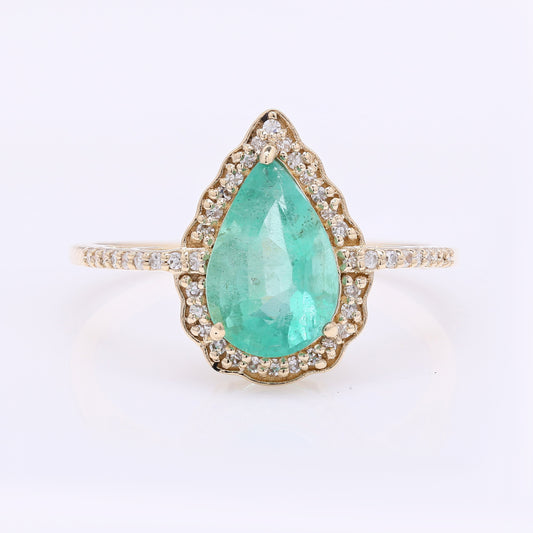 1.68 Ct Pear Mixed Cut Natural Emerald 14K Gold Ring