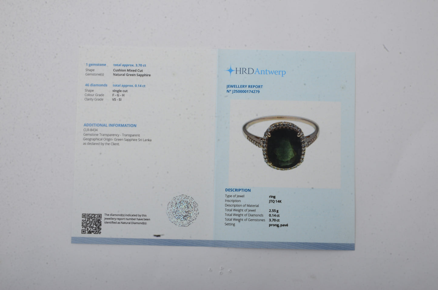 3.84 Ct Cushion Mixed Cut Natural Green Sapphire 14K Gold Ring
