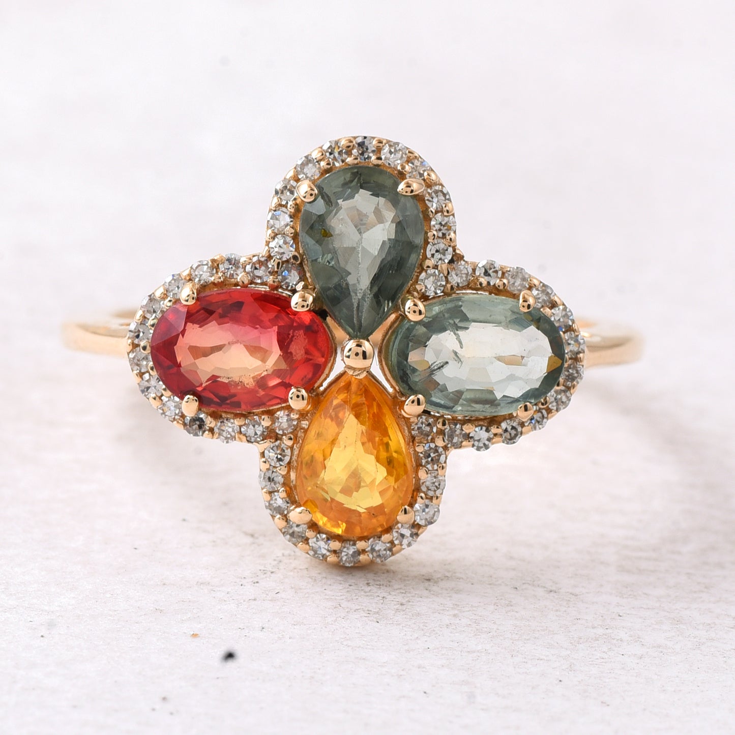 2.51 Ct Oval Mixed Cut, Pear Mixed Cut Natural Multi-Coloured Sapphire 14K Gold Ring