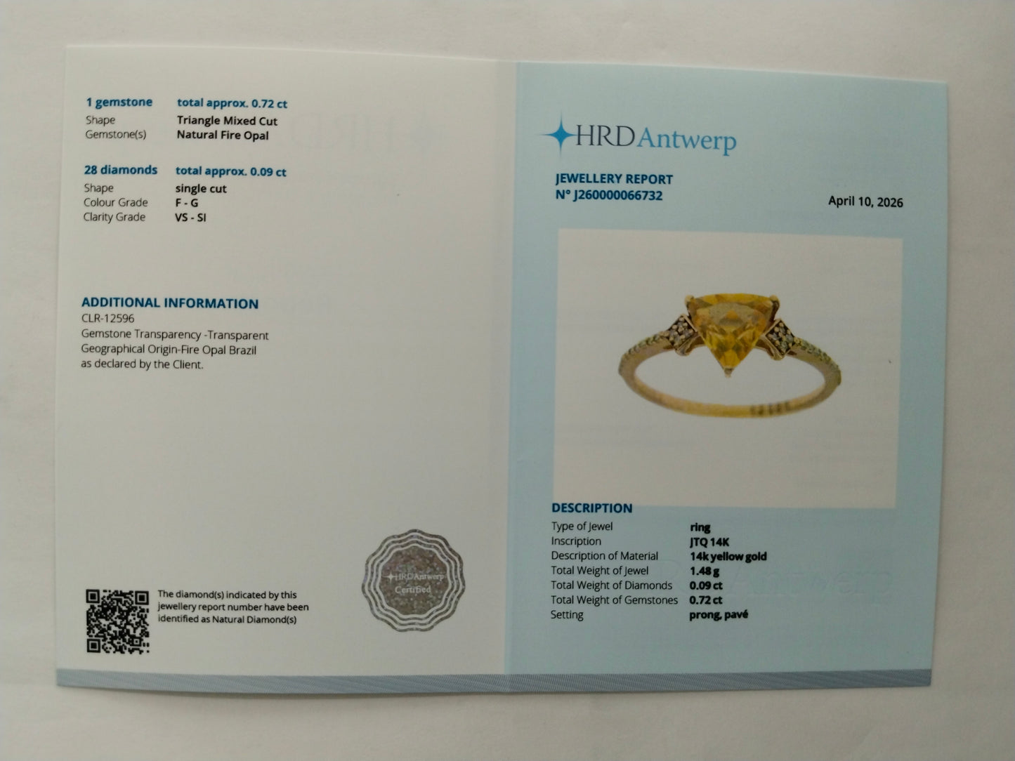 0.81 Ct Triangle Mixed Cut Natural Fire Opal 14K Gold Ring