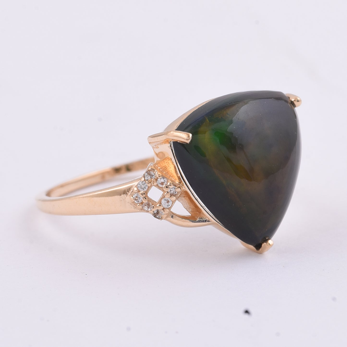 3.19 Ct Triangle Cabochon Natural Black Opal 14K Gold Ring