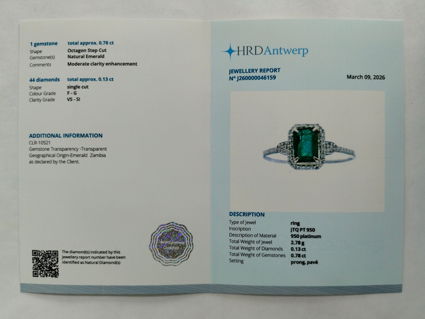 0.91 Ct Octagon Step Cut Natural Emerald 950 Platinum Ring
