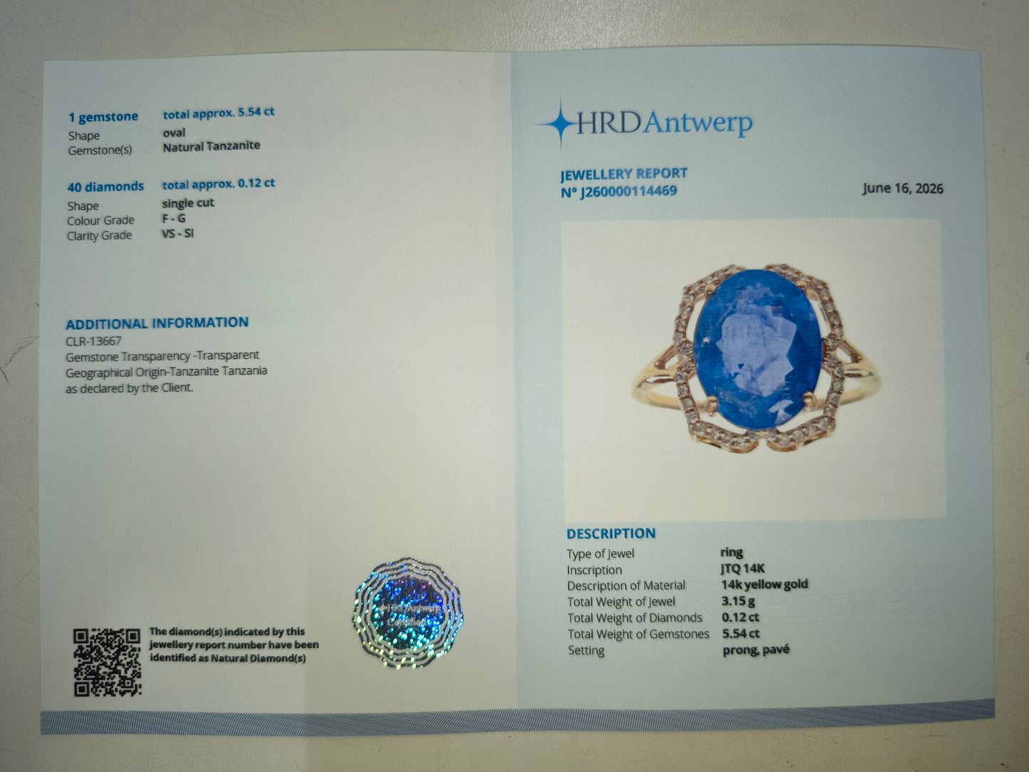 5.66 Ct Oval Natural Tanzanite 14K Gold Ring