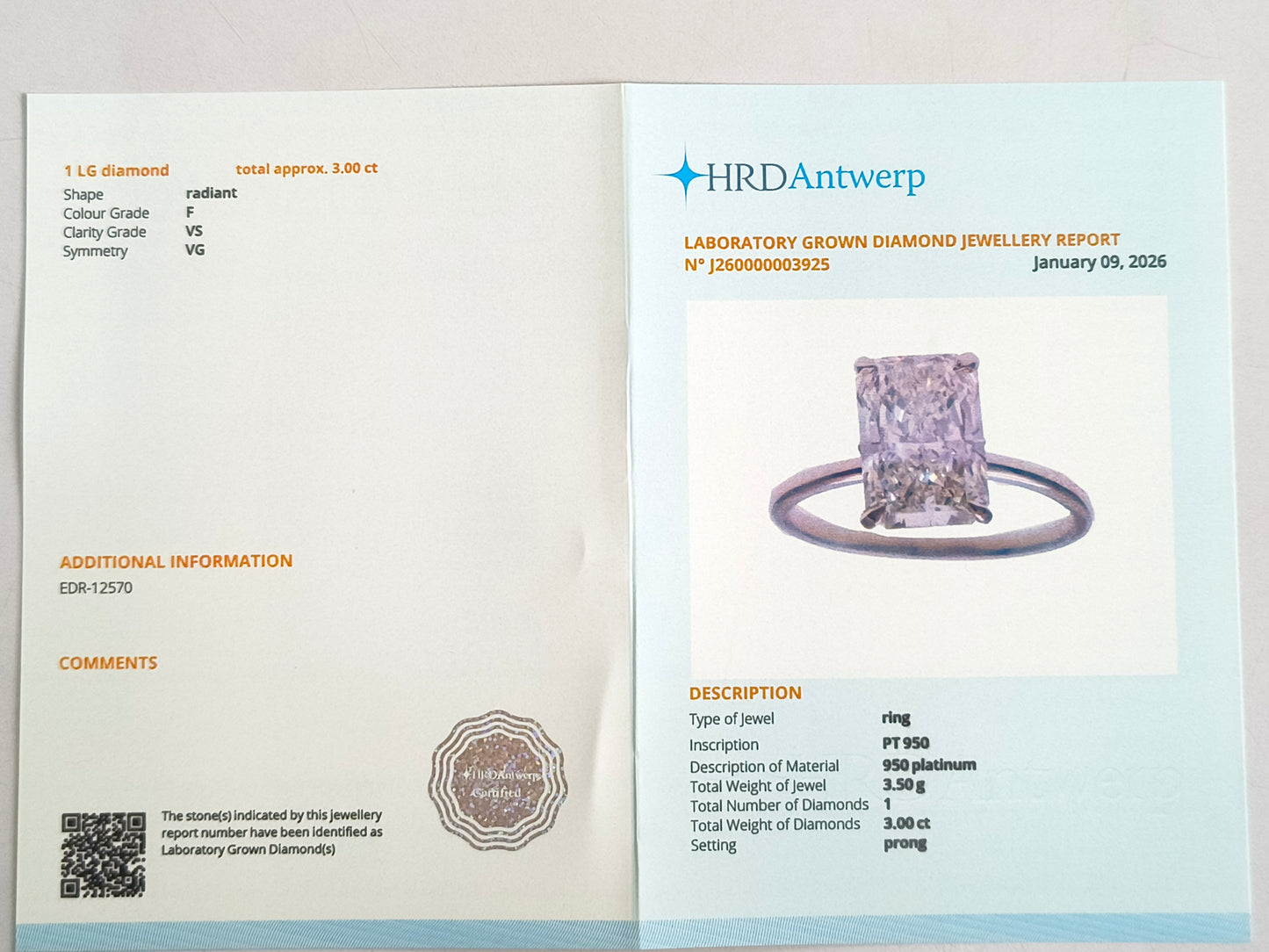 3.00 Carats Lab Grown Diamond 950 Platinum Ring