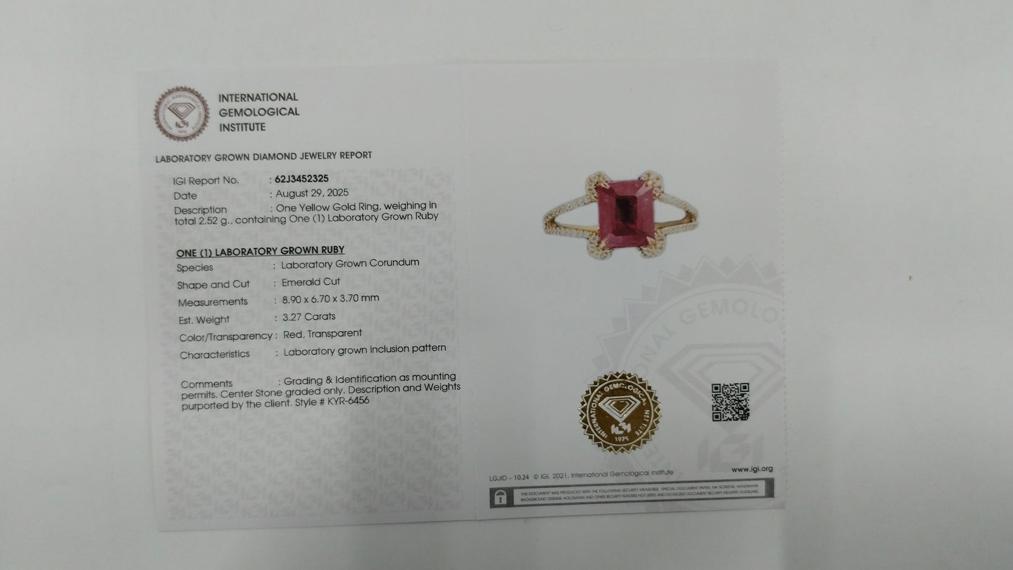 3.46 Ct Emerald Cut Lab Grown Ruby 14K Gold Ring