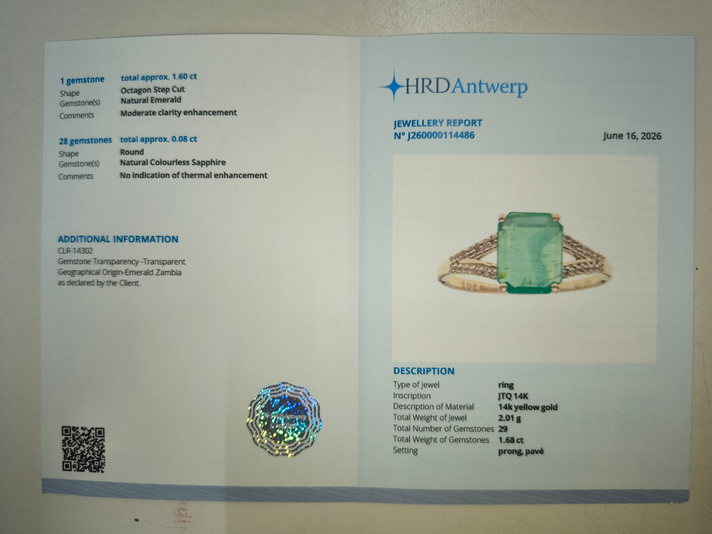 1.68 Ct Octagon Step Cut Natural Emerald 14K Gold Ring
