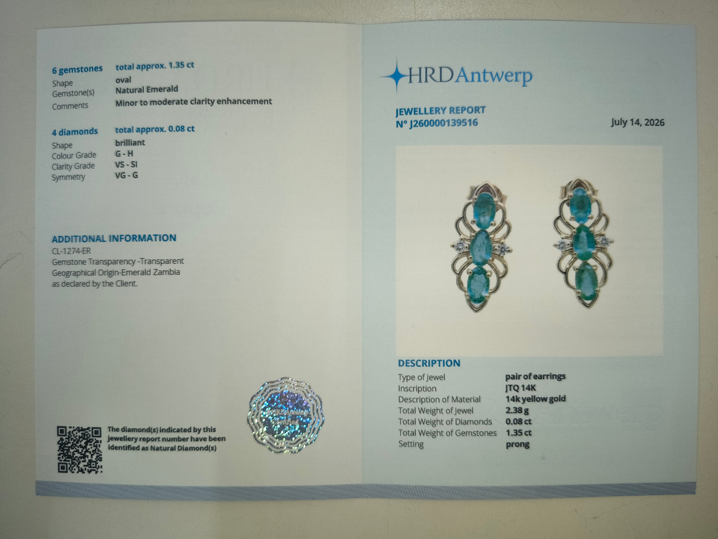 1.43 Ct Oval Natural Emerald 14K Gold Earrings