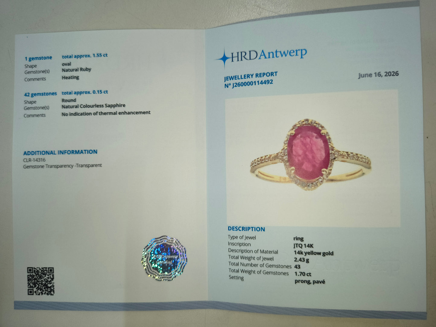 1.70 Ct Oval Natural Ruby 14K Gold Ring